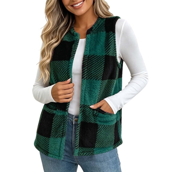 Women’s Fuzzy Plaid Vest, Sleeveless Sherpa Fleece Vest for Women, Soft Warm Open Front Vest with Pockets, Cozy Casual Fall Winter Layering Outerwear