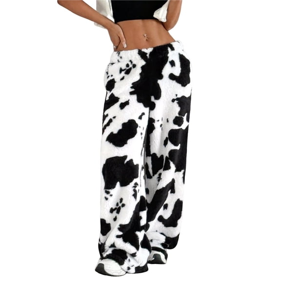 Women's Fuzzy Plush Pajama Pants Drawstring Elastic Waist Wide Leg Bottoms Lounge Pants Cow Color M