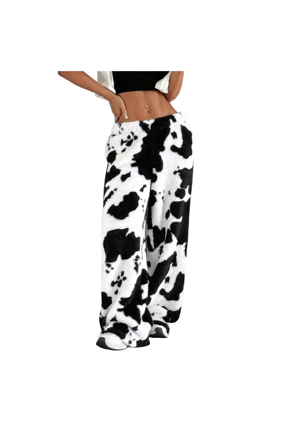 Women's Fuzzy Plush Pajama Pants Drawstring Elastic Waist Wide Leg Bottoms Lounge Pants Cow Color XXL