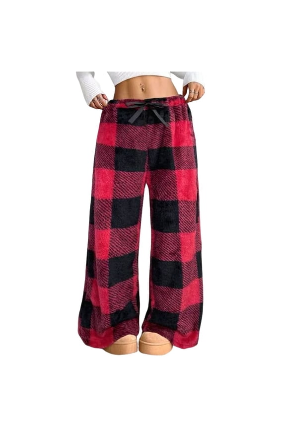 Women's Fuzzy Plush Pajama Pants Drawstring Elastic Waist Wide Leg Bottoms Lounge Pants Red & Black XL