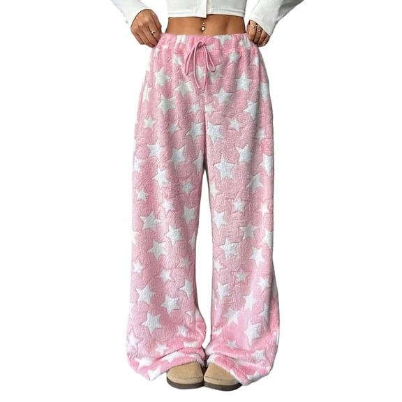 Women's Fuzzy Plush Pajama Pants Drawstring Elastic Waist Wide Leg Bottoms Pants