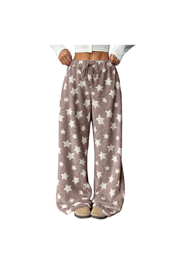 Women's Fuzzy Plush Pajama Pants Drawstring Elastic Waist Wide Leg Bottoms Pants