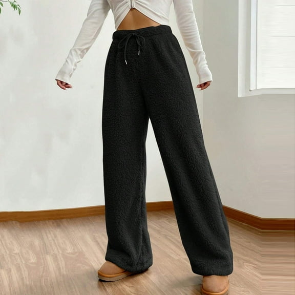 Women's Fuzzy Plush Pajama Pants Drawstring Elastic Waist Wide Leg Solid Color Pj Bottoms Lounge Pants Black M