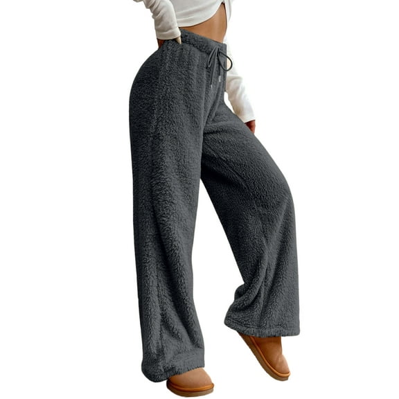 Women's Fuzzy Plush Pajama Pants Drawstring Elastic Waist Wide Leg Solid Color Pj Bottoms Lounge Pants Dark Gray M