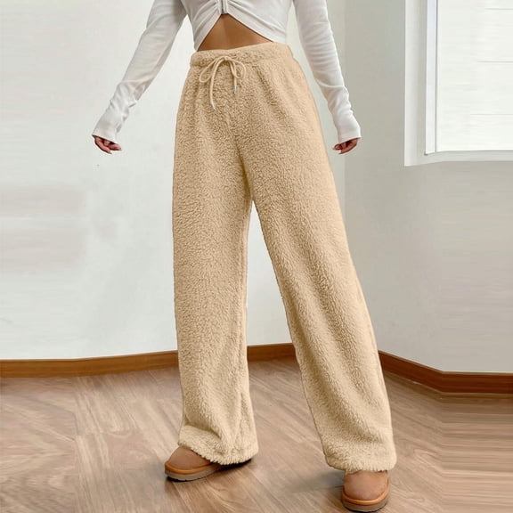 Women's Fuzzy Plush Pajama Pants Drawstring Elastic Waist Wide Leg Solid Color Pj Bottoms Lounge Pants Khaki M