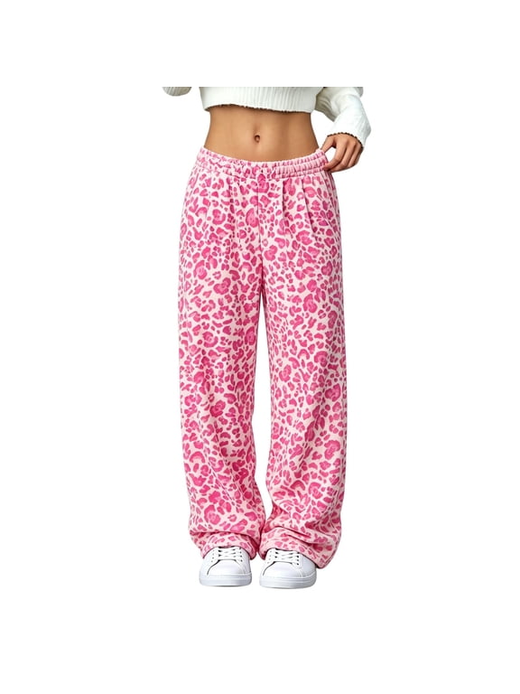 Women's Fuzzy Plush Pajama Pants Wide Leg Pj Bottoms Lounge Pants Leopard Plush Pants, Elastic Waist, Wide Leg, Soft Fluffy Sleep Pants QURATI