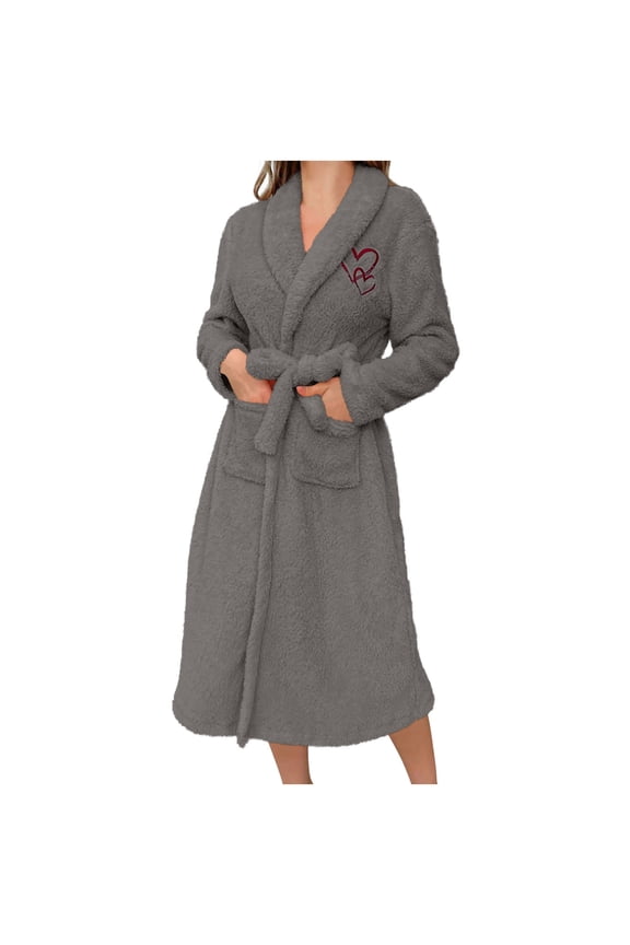 Women's Fuzzy Plush Robe - Long Soft Bathrobe with Pockets & Belt, Shawl Collar Warm Loungewear Sleepwear for Postpartum/Hospital