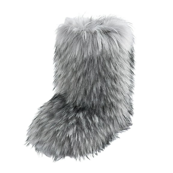 Women's Fuzzy Plush Winter Boots Fluffy Mid Calf Snow Boots Warm Fleece Lined Flat Fashion Dress Shoes Size 8