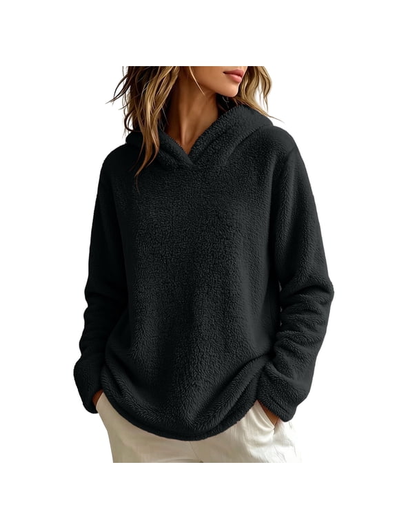 Women's Fuzzy Sherpa Fleece Hoodie Long Sleeve Loose Fit Pullover Tops Soft Warm Casual Loungewear Sweatshirt Everyday Fall Winter Black