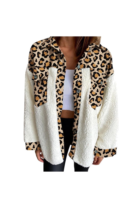 Women's Fuzzy Sherpa Fleece Spliced Leopard Print Plaid Shirt Jacket Shacket Coat