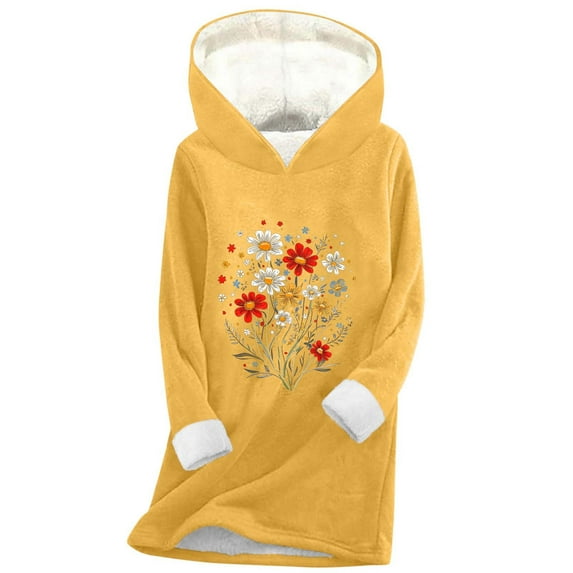 Women's Fuzzy Sherpa Lined Hoodie - Oversized Thermal Floral Print Sweatshirt, Warm Fleece Hooded Tunic Top for Fall/Winter