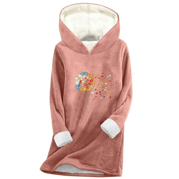Women's Fuzzy Sherpa Lined Hoodie - Oversized Thermal Floral Print Sweatshirt, Warm Fleece Hooded Tunic Top for Fall/Winter