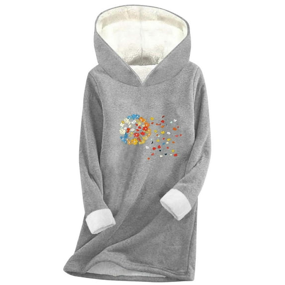 Women's Fuzzy Sherpa Lined Hoodie - Oversized Thermal Floral Print Sweatshirt, Warm Fleece Hooded Tunic Top for Fall/Winter