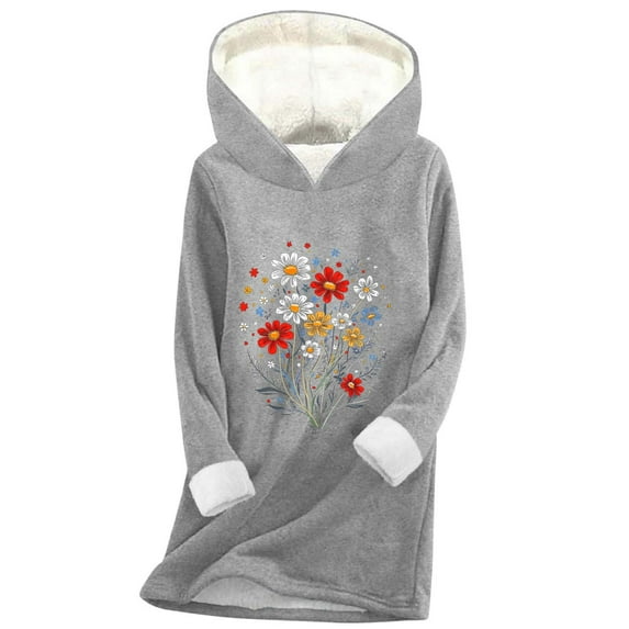 Women's Fuzzy Sherpa Lined Hoodie - Oversized Thermal Floral Print Sweatshirt, Warm Fleece Hooded Tunic Top for Fall/Winter