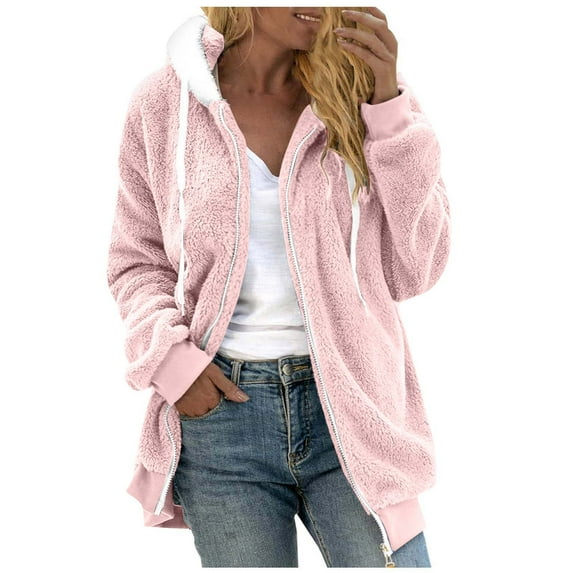 Women's Fuzzy Sherpa Long Sleeve Hoodies Jackets Zipper Oversized Super Soft Comfy Fall Winter Coat Solid Outerwear Pink,4XL