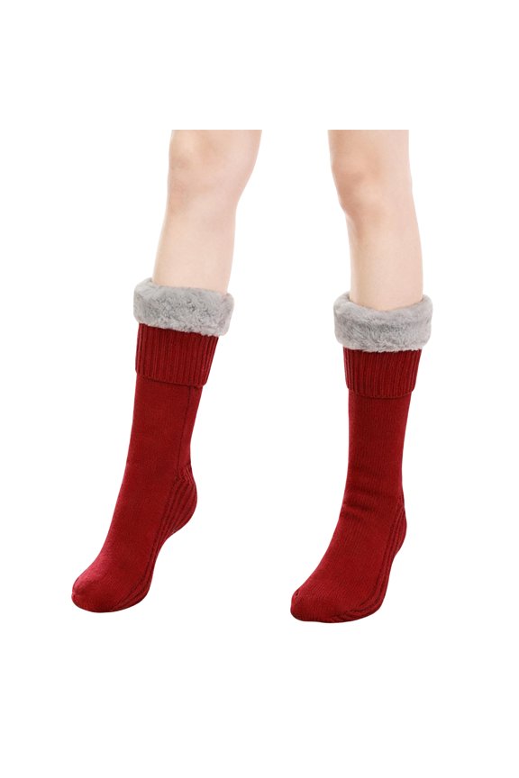 Women's Fuzzy Slipper Socks - Winter Warm, Sleeping/Plush/Comfy, Wine Red
