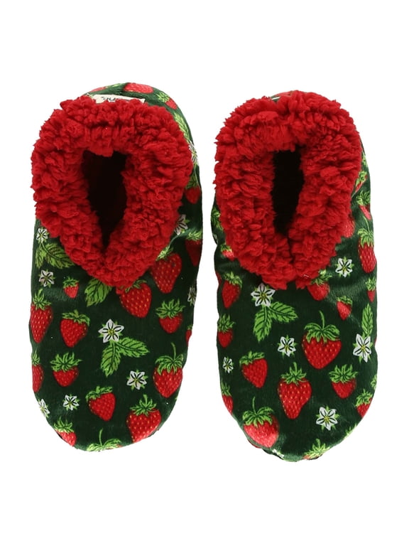 Women’s Fuzzy Slipper Socks with Grippers – Soft Microfiber Outer, Cozy Fleece Lined Indoor House Socks (Strawberry, S/m)