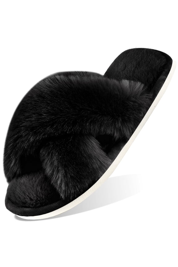 Women's Fuzzy Slippers Cross Band Memory Foam House Shoes Open Toe