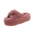 thumbnail image 1 of CHUMUD Women's Fuzzy Slippers Cross Band Memory Foam House Slippers Open Toe Plush Comfy Faux Fur Lined Slide Shoes Anti-Skid Sole, 1 of 5