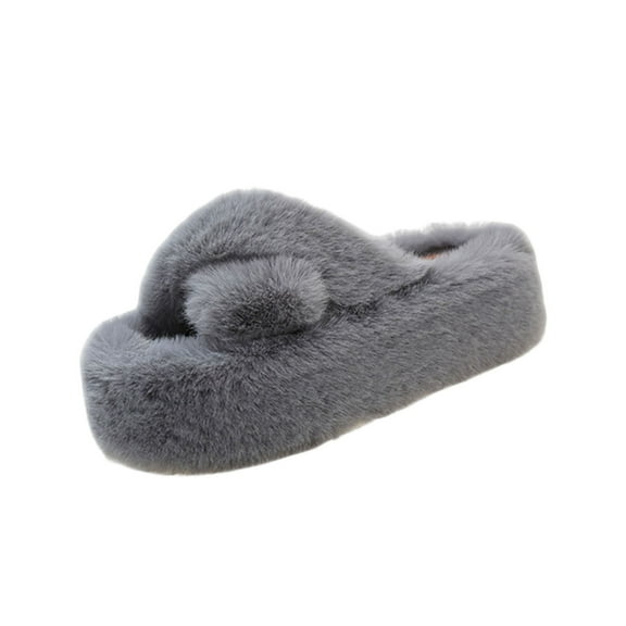 CHUMUD Women's Fuzzy Slippers Cross Band Memory Foam House Slippers Open Toe Plush Comfy Faux Fur Lined Slide Shoes Anti-Skid Sole