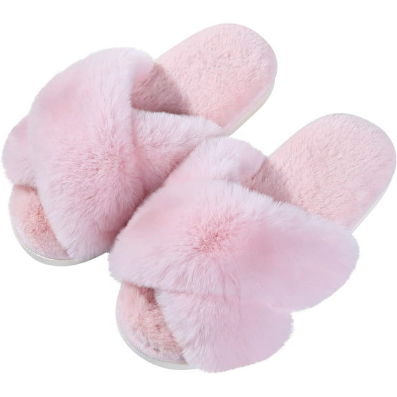 Women's Fuzzy Slippers Cross Band Memory Foam House Slippers Open Toe
