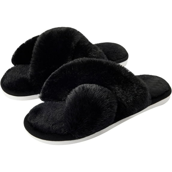 Women's Fuzzy Slippers House Slippers Cross Band Slippers Indoor Outdoor Soft Plush on Open Toe Slippers