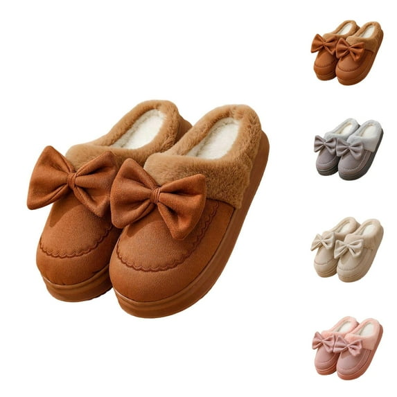 Women's Fuzzy Slippers with Bow Detail Cozy Plush Lined Winter Slippers Soft Indoor Footwear Comfortable Warm House Shoes for Home Use