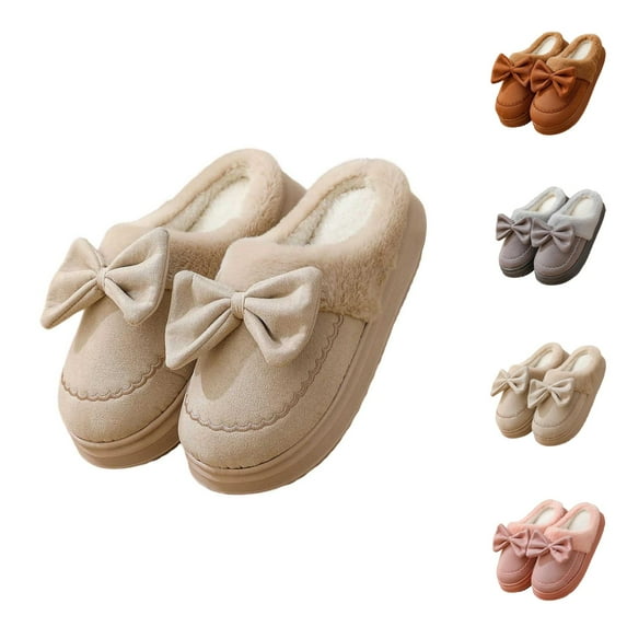 Women's Fuzzy Slippers with Bow Detail Cozy Plush Lined Winter Slippers Soft Indoor Footwear Comfortable Warm House Shoes for Home Use