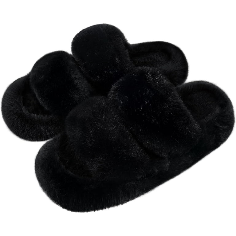 Women's Fuzzy Slippers with Two Band, Fluffy Open Toe Slide Chic