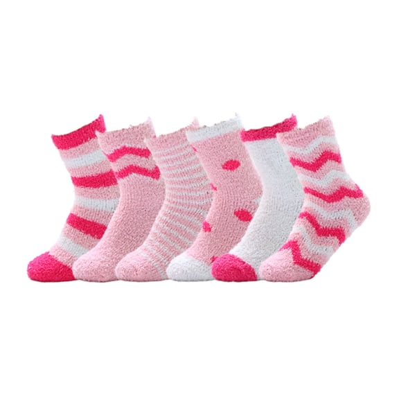 Women's Fuzzy Socks 6 Pairs, Pink Thick Coral Fleece Long Crew Socks, Extra Warm Winter Floor Slipper Socks, Valentine's Day Mother's Day Christmas Gift