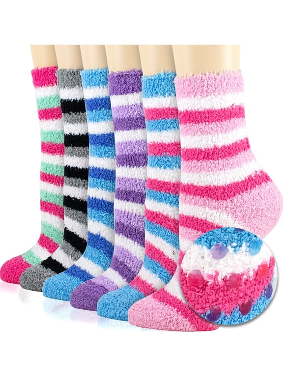 Women’s Fuzzy Socks, Striped Non-Slip Cozy Socks, Soft Warm Fluffy Socks for Women, Casual Home Slipper Socks