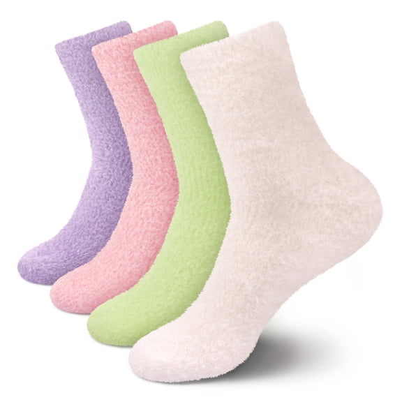 BambooMN Women's Fuzzy Soft Pastel Colorful Fluffy Socks - Assortment D - 4 Pairs