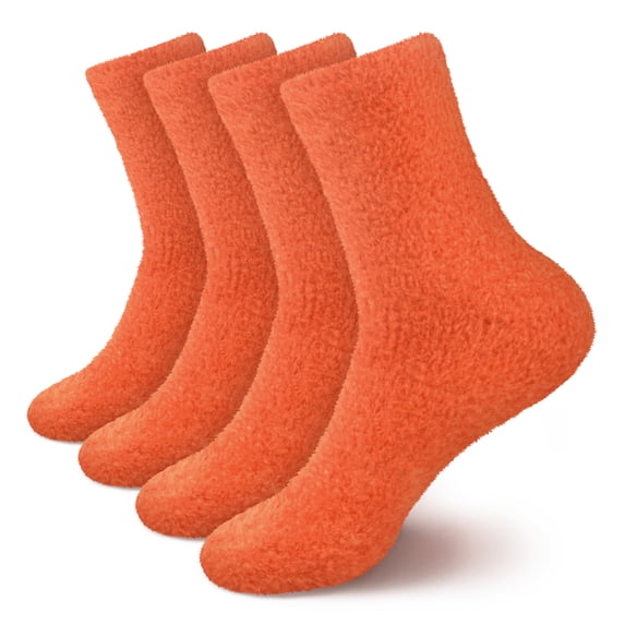 BambooMN Women's Fuzzy Soft Pastel Colorful Fluffy Socks - Bright Orange - 4 Pairs