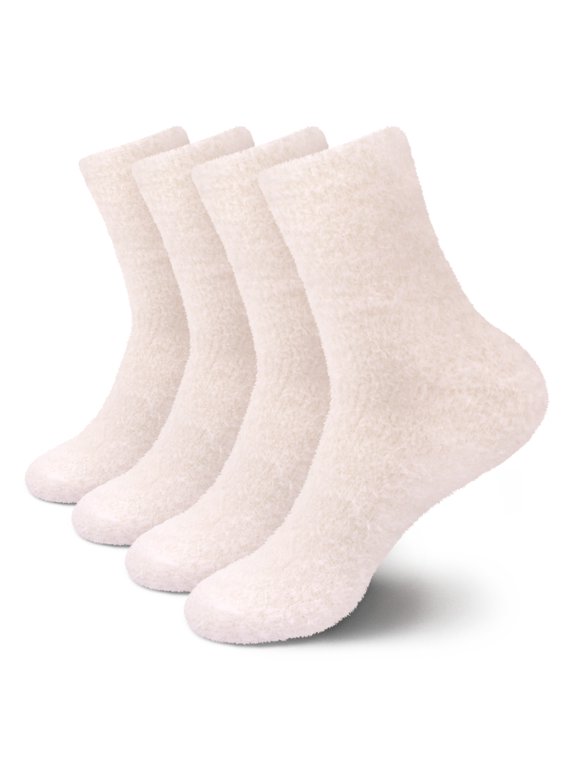 Women's Fuzzy Soft Colorful Fluffy Socks - Off White - 4 Pairs