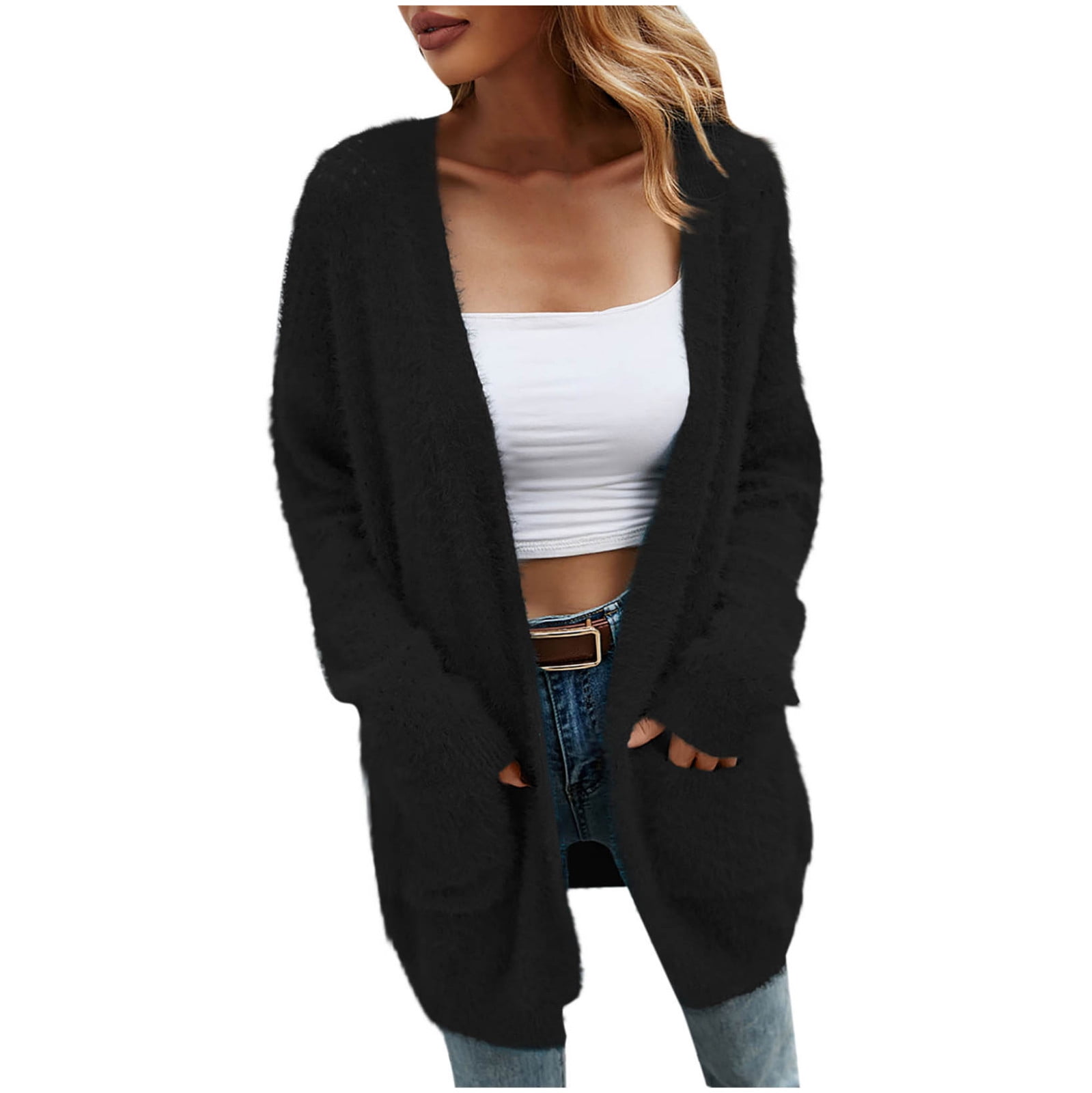 Women s Fuzzy Sweater Cardigan with Pockets Soft Comfy Knitted Long Sleeve Open Front Long Sweater Outerwear Walmart