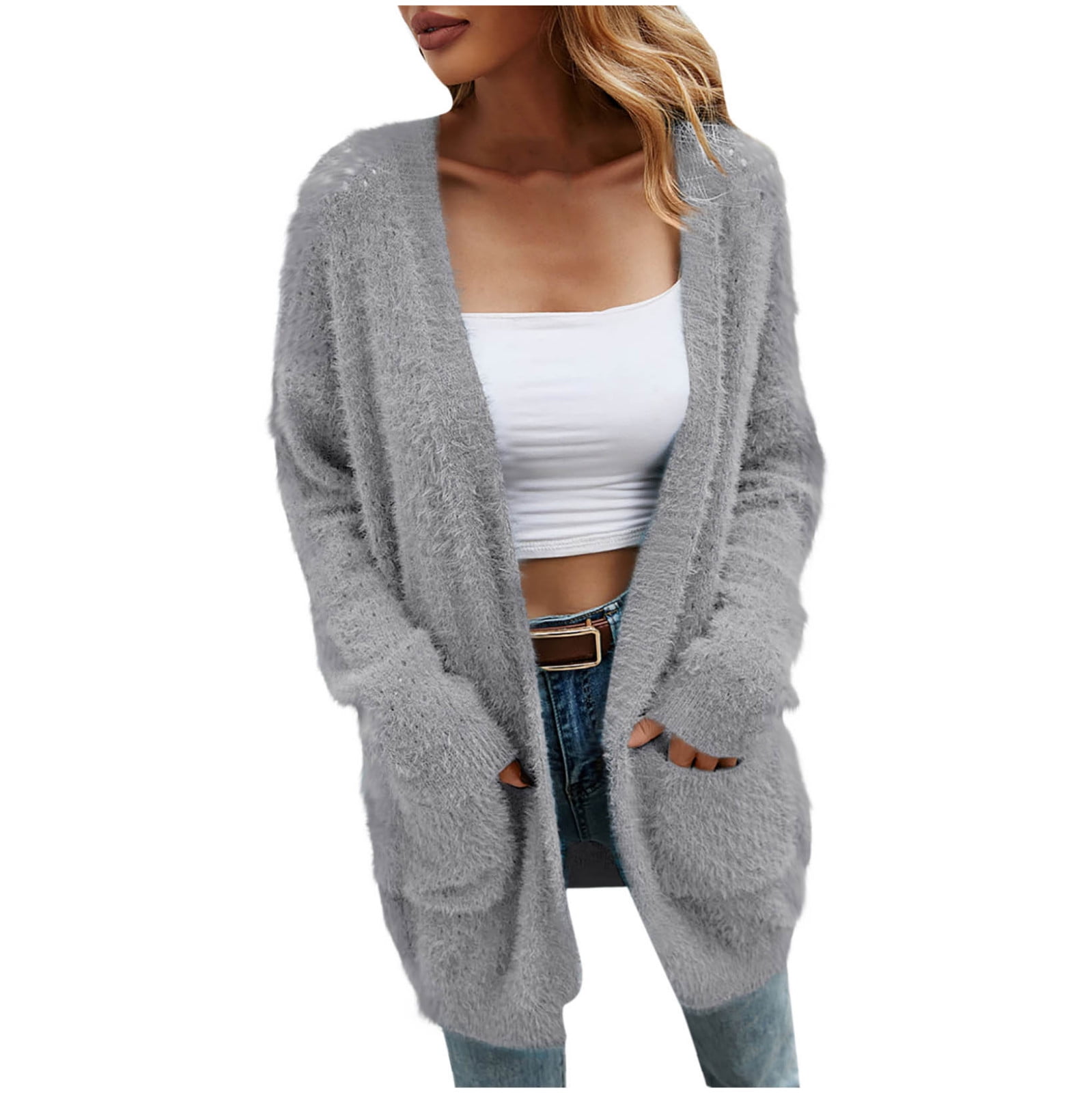 Women s Fuzzy Sweater Cardigan with Pockets Soft Comfy Knitted Long Sleeve Open Front Long Sweater Outerwear Walmart