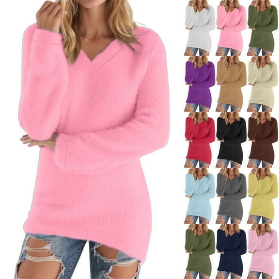 Women's Fuzzy Sweatshirt Long Sleeve V Neck Loose Fluffy Pullover Tops Fall Lightweight Jumper Sweater Shirt