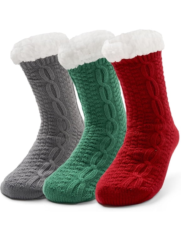 Women's Fuzzy Thick Winter Warm Socks - Fleece Lined Thermal Fluffy With Grips for Home - 3 Pairs