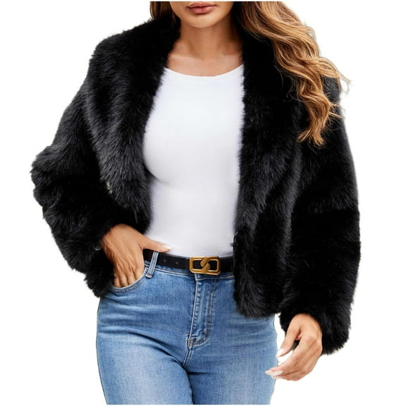 Women's Fuzzy Thicken Coat Long Sleeve Solid Color Lapel Collar Open Front Winter Coat Black L