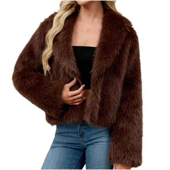 Women's Fuzzy Thicken Coat Long Sleeve Solid Color Lapel Collar Open Front Winter Coat Brown 2XL