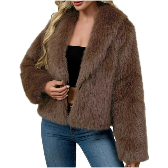 Women's Fuzzy Thicken Coat Long Sleeve Solid Color Lapel Collar Open Front Winter Coat Coffee S