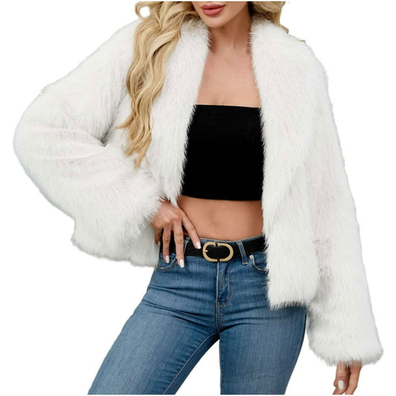 Women's Fuzzy Thicken Coat Long Sleeve Solid Color Lapel Collar Open Front Winter Coat White 2XL