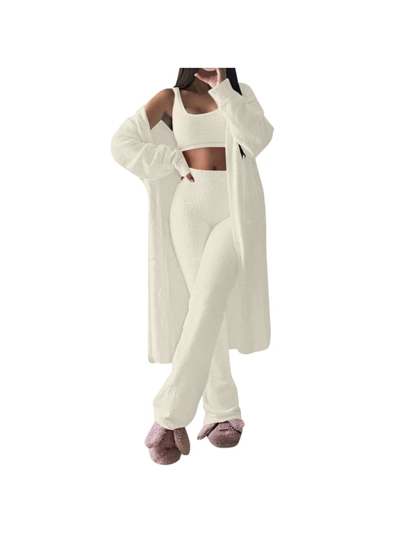 Women’s Fuzzy Three Piece Sweatsuit Open Front Cardigan Crop Tank Top and Wide Leg Pants Ultra Soft Matching Lounge Set for Cozy Fall and Winter Relaxation