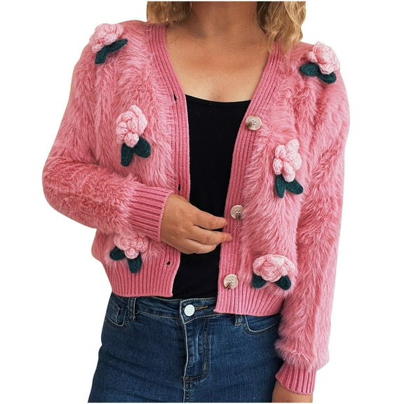 Women's Fuzzy V Neck Cardigan Long Sleeve Floral Button Down Front Sweater Pink M