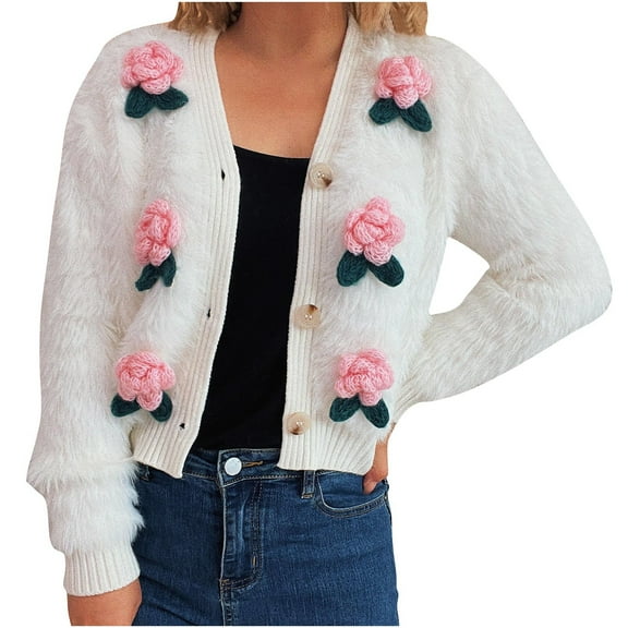 Women's Fuzzy V Neck Cardigan Long Sleeve Floral Button Down Front Sweater White M