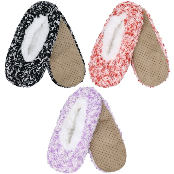 BambooMN Women's Cozy Comfort Fuzzy Soft Fleece Lined Colorful Anti-Slip Grip Slippers - Assortment 3A - Small - 3 Pairs