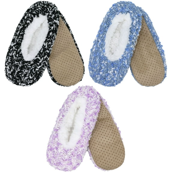 BambooMN Women's Cozy Comfort Fuzzy Soft Fleece Lined Colorful Anti-Slip Grip Slippers - Assortment 3D - Small - 3 Pairs