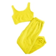 BESOLOR Women's Fuzzy Warm Sherpa 3 Piece Lounge Sets Solid Fleece Sleeveless Crop Tank Tops Long Pants Outfits Loungewear Womens Clothes