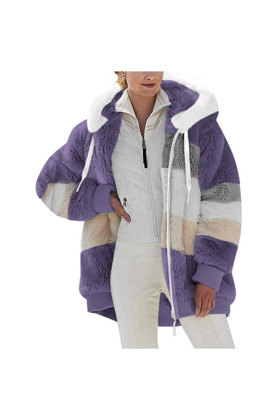 Women's Fuzzy Winter Warm Hooded Jacket Plush Fleece Zip-Up Color Block Long Sleeve Plus Size Coat Outerwear