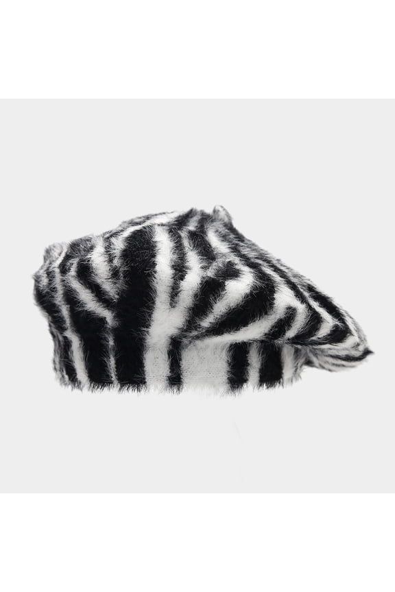 Women's Fuzzy Zebra Print Beret French Style Winter Artist Hat for Daily Party